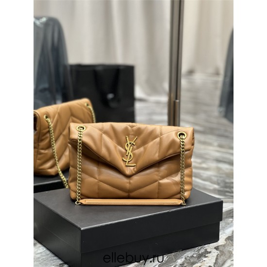 Yves Saint Laurent YSL Loulou Medium 29 Puffer Sheepskin Bag Brown Gold Hardware Model: 577476 Size: 29x17x11cm