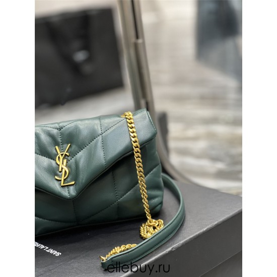 Yves Saint Laurent YSL Loulou Small 23 Puffer Sheepskin Bag Green Gold Hardware Model: 620333 Size: 23×15.5×8.5cm