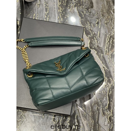 Yves Saint Laurent YSL Loulou Medium 29 Puffer Sheepskin Bag Green Gold Hardware Model: 577476 Size: 29x17x11cm