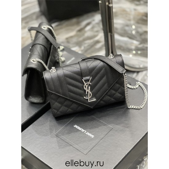 Yves Saint Laurent YSL Envelope Small 21 Black Silver Hardware Grained Leather Model: 526286 Size: 21x13x6cm