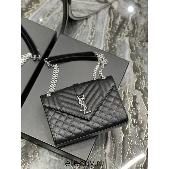 Yves Saint Laurent YSL Envelope Medium 24 Black Silver Hardware Grained Leather Model: 487206 Size: 24x17.5x6cm