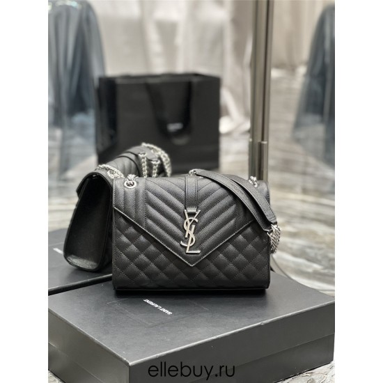 Yves Saint Laurent YSL Envelope Medium 24 Black Silver Hardware Grained Leather Model: 487206 Size: 24x17.5x6cm