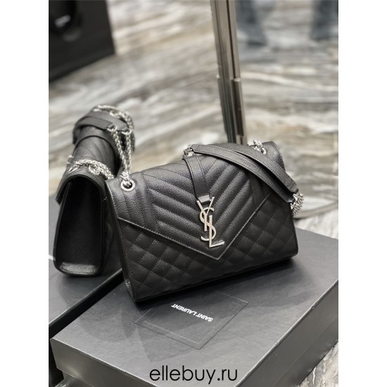 Yves Saint Laurent YSL Envelope Medium 24 Black Silver Hardware Grained Leather Model: 487206 Size: 24x17.5x6cm