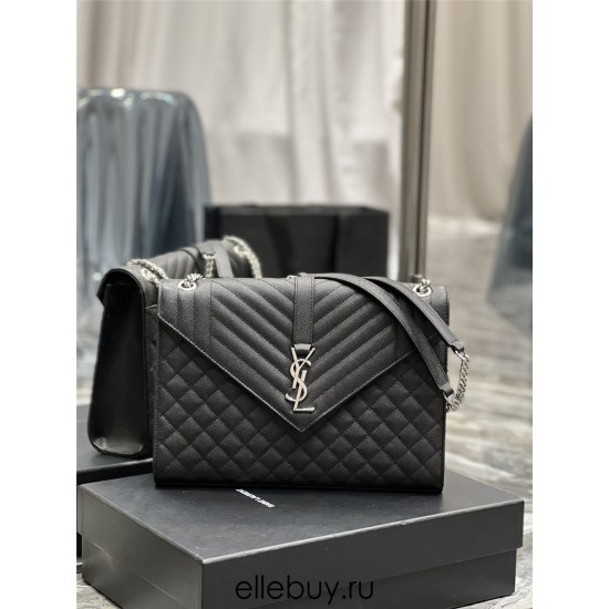 Yves Saint Laurent YSL Envelope Large 31 Black Silver Hardware Grained Leather Model: 487198 Size: 31×22×7.5cm