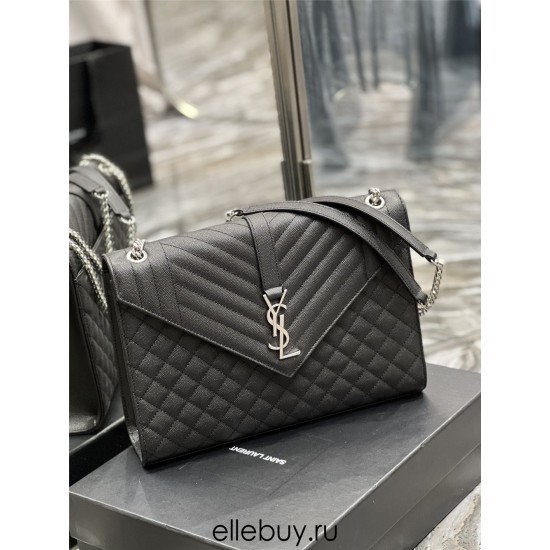 Yves Saint Laurent YSL Envelope Large 31 Black Silver Hardware Grained Leather Model: 487198 Size: 31×22×7.5cm