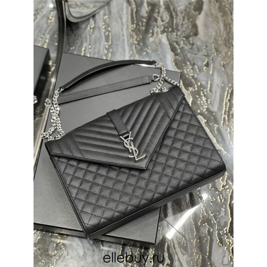 Yves Saint Laurent YSL Envelope Large 31 Black Silver Hardware Grained Leather Model: 487198 Size: 31×22×7.5cm