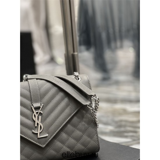 Yves Saint Laurent YSL Envelope Medium 24 Grey Silver Hardware Grained Leather Model: 487206 Size: 24x17.5x6cm