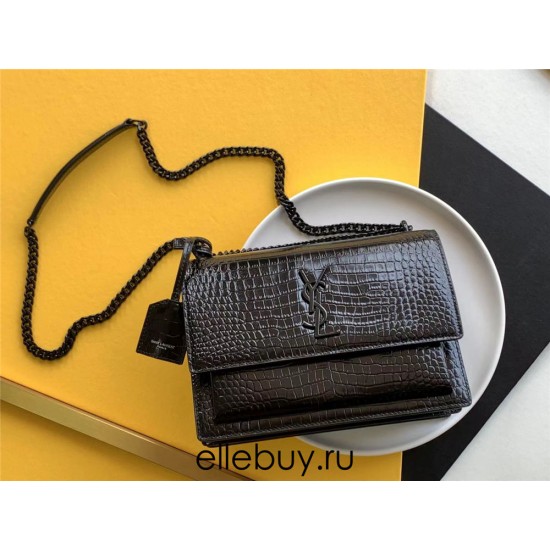 Yves Saint Laurent YSL Sunset Crocodile Leather Medium 22 Black Black Hardware Model: 442906 Size: 22×16×8cm