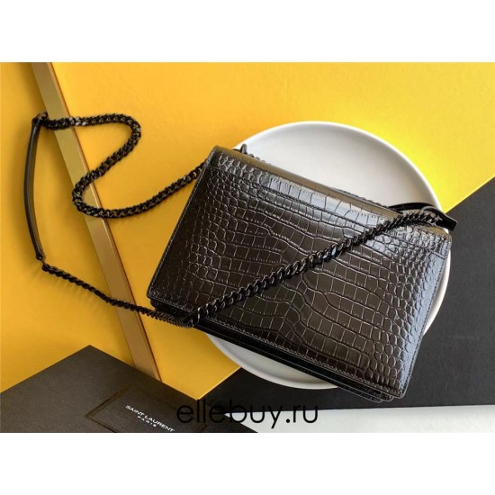 Yves Saint Laurent YSL Sunset Crocodile Leather Medium 22 Black Black Hardware Model: 442906 Size: 22×16×8cm