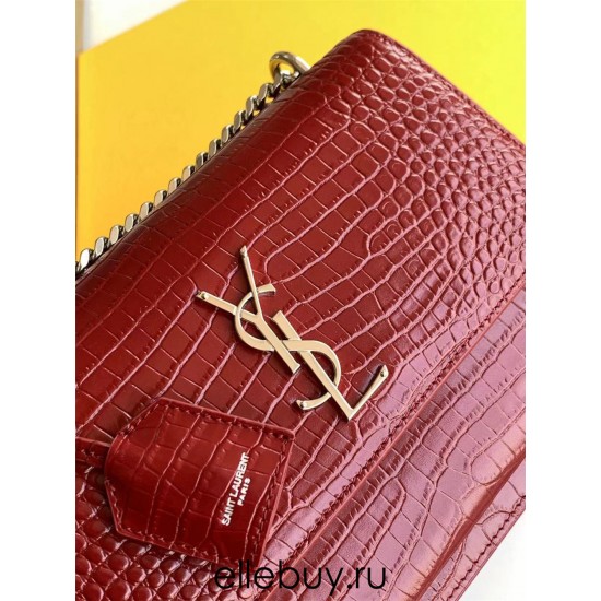 Yves Saint Laurent YSL Sunset Crocodile Leather Medium 22 Red Silver Hardware Model: 442906 Size: 22×16×8cm