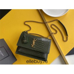 Yves Saint Laurent YSL Sunset Crocodile Leather Medium 22 Black Gold Hardware Model: 442906 Size: 22×16×8cm