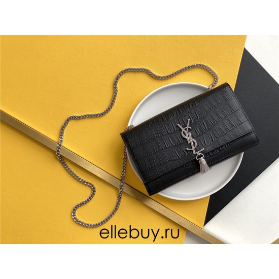 Yves Saint Laurent YSL Kate Crocodile Embossed Medium 24 Black Silver Hardware Model: 326078 Crocodile Embossed Size: 24x14.5x5.5cm