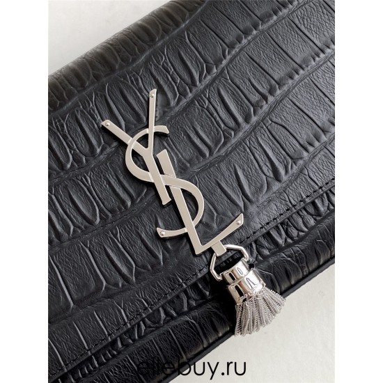 Yves Saint Laurent YSL Kate Crocodile Embossed Medium 24 Black Silver Hardware Model: 326078 Crocodile Embossed Size: 24x14.5x5.5cm