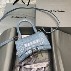 Balenciaga Hourglass XS Small 19 Croc-Embossed Light Blue Silver Hardware 19x8x21cm