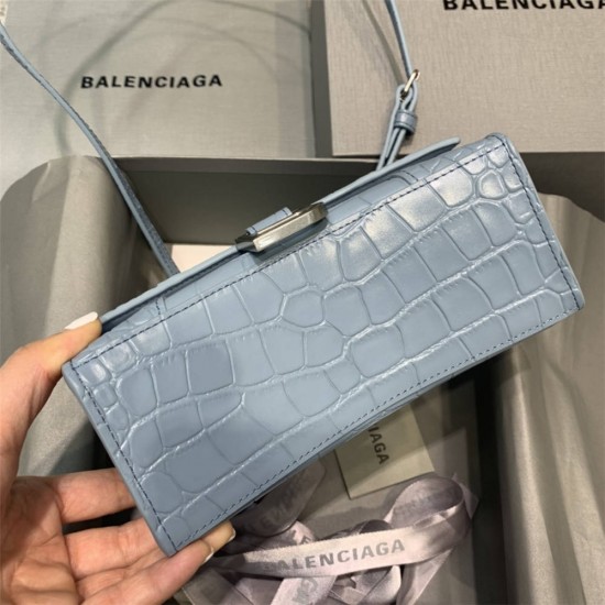 Balenciaga Hourglass XS Small 19 Croc-Embossed Light Blue Silver Hardware 19x8x21cm