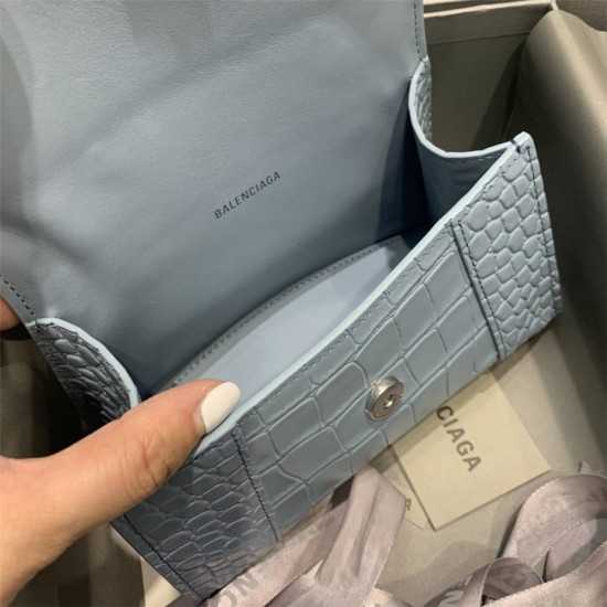 Balenciaga Hourglass XS Small 19 Croc-Embossed Light Blue Silver Hardware 19x8x21cm