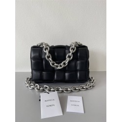 BOTTEGA VENETA Cassette Chain Padded Cassette Black Silver Buckle Medium 26 Size: 26x18x6cm Full Leather