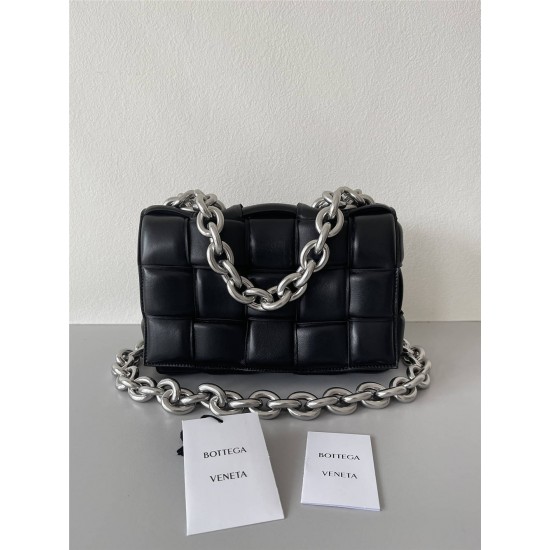 BOTTEGA VENETA Cassette Chain Padded Cassette Black Silver Buckle Medium 26 Size: 26x18x6cm Full Leather