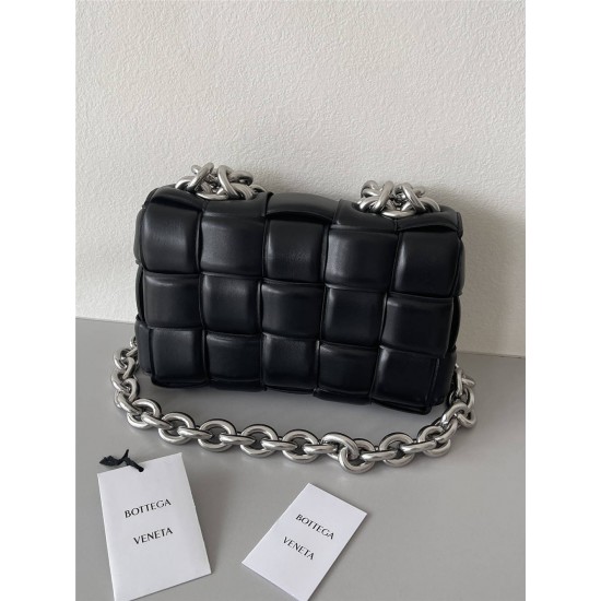 BOTTEGA VENETA Cassette Chain Padded Cassette Black Silver Buckle Medium 26 Size: 26x18x6cm Full Leather