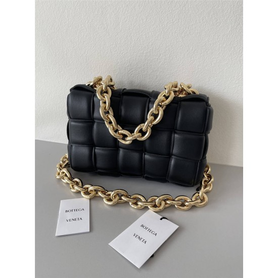 BOTTEGA VENETA Cassette Chain Padded Cassette Black Gold Buckle Medium 26 Size: 26x18x6cm Full Leather