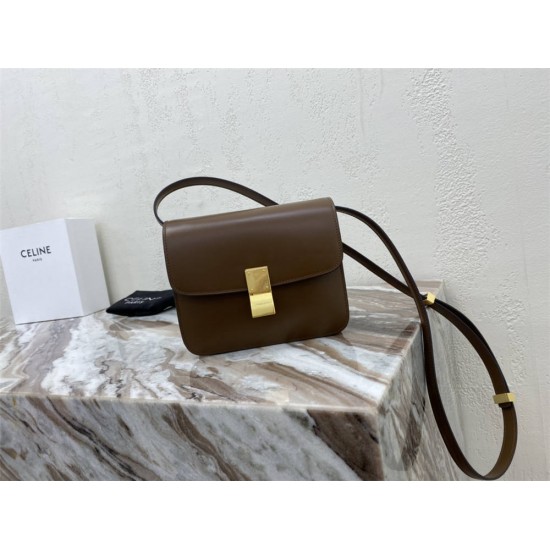 Celine Teen Box Polished Calfskin Brown Gold Hardware 18x15x6cm