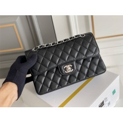 Chanel Classic Flap bag Small 23 Black with silver hardware, Caviar leather, Hass Factory leather, edge stitching, red interior.