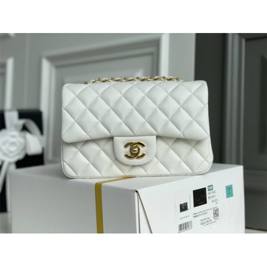 Chanel Classic Flap bag Mini 20 White with gold hardware, Caviar leather, Hass Factory leather, seamless.