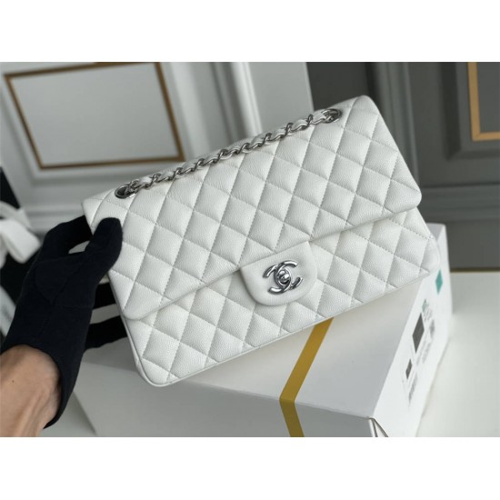 Chanel Classic Flap bag Medium 25 White with silver hardware, Caviar leather, Hass Factory leather, seamless.