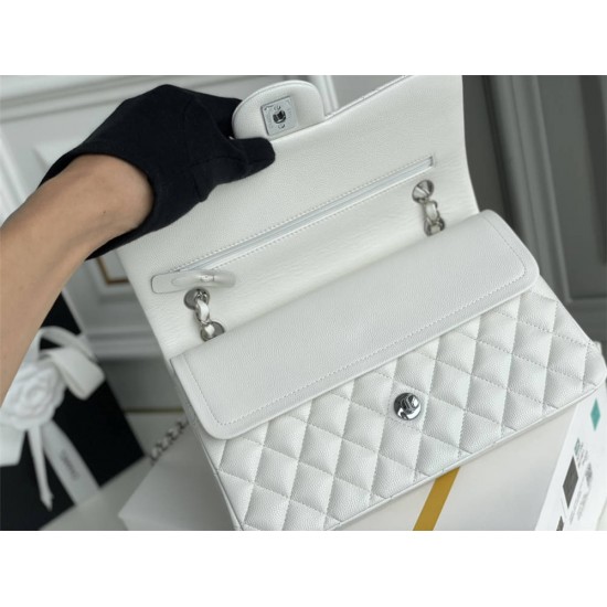 Chanel Classic Flap bag Medium 25 White with silver hardware, Caviar leather, Hass Factory leather, seamless.