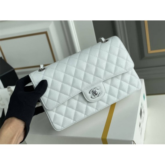 Chanel Classic Flap bag Medium 25 White with silver hardware, Caviar leather, Hass Factory leather, edge stitching.