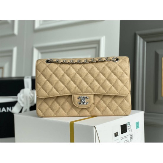 Chanel Classic Flap bag Medium 25 Beige with silver hardware, Caviar leather, Hass Factory leather, edge stitching.