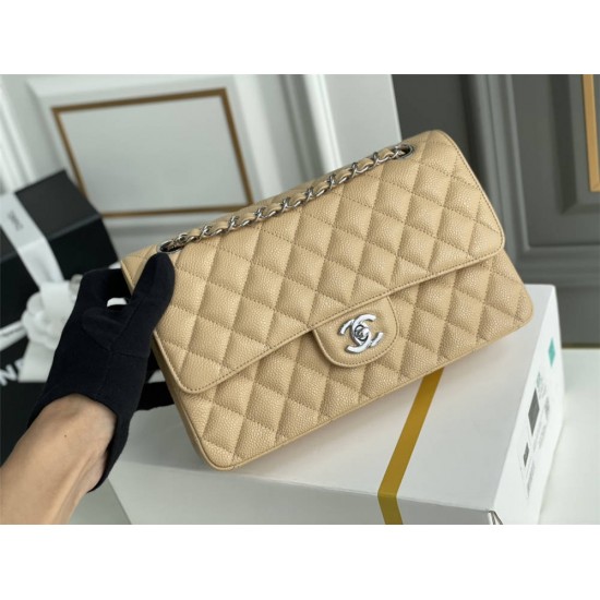 Chanel Classic Flap bag Medium 25 Beige with silver hardware, Caviar leather, Hass Factory leather, edge stitching.