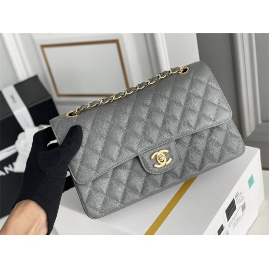 Chanel Classic Flap bag Medium 25 Gray with gold hardware, Caviar leather, Hass Factory leather, edge stitching.