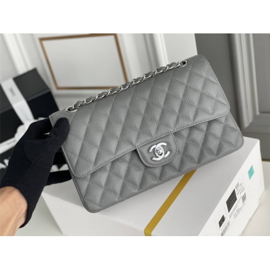 Chanel Classic Flap bag Medium 25 Gray with silver hardware, Caviar leather, Hass Factory leather, edge stitching.