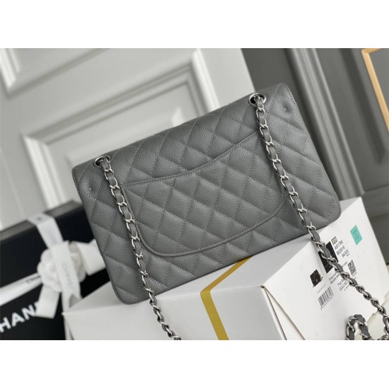 Chanel Classic Flap bag Medium 25 Gray with silver hardware, Caviar leather, Hass Factory leather, edge stitching.