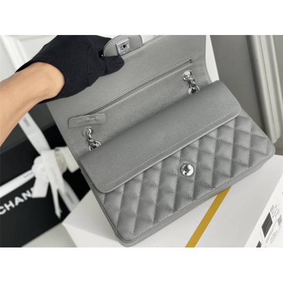 Chanel Classic Flap bag Medium 25 Gray with silver hardware, Caviar leather, Hass Factory leather, edge stitching.