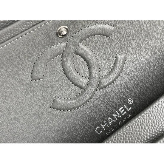 Chanel Classic Flap bag Medium 25 Gray with silver hardware, Caviar leather, Hass Factory leather, edge stitching.