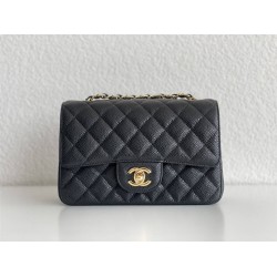 Chanel Classic Flap bag Mini 20 Black with gold hardware, Caviar leather, edge stitching.