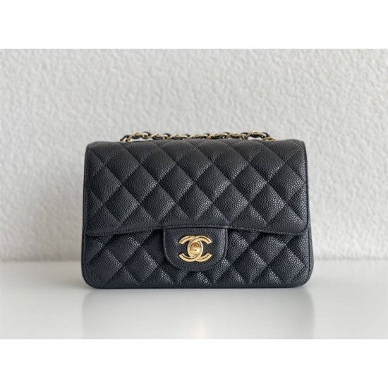 Chanel Classic Flap bag Mini 20 Black with gold hardware, Caviar leather, edge stitching.