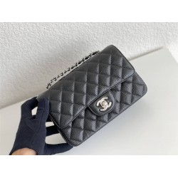 Chanel Classic Flap bag Mini 20 Black with silver hardware, Caviar leather, edge stitching.