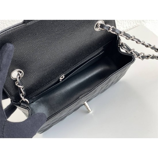 Chanel Classic Flap bag Mini 20 Black with silver hardware, Caviar leather, edge stitching.