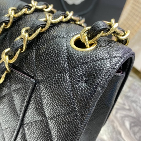 Chanel Classic Flap bag Jumbo 28 Black with gold hardware, Caviar leather, edge stitching, red interior.