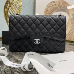 Chanel Classic Flap bag Jumbo 30 Black with silver hardware, Caviar leather, edge stitching, red interior.