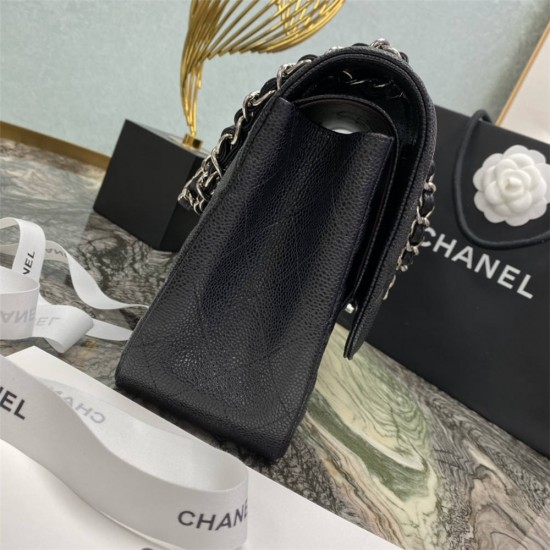 Chanel Classic Flap bag Jumbo 30 Black with silver hardware, Caviar leather, edge stitching, red interior.