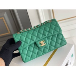 Chanel Classic Flap bag Small 23 Green with champagne gold hardware, Caviar leather, Hass Factory leather, seamless.