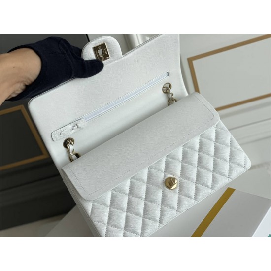 Chanel Classic Flap bag Medium 25 White with champagne gold hardware, Caviar leather, Hass Factory leather, seamless.