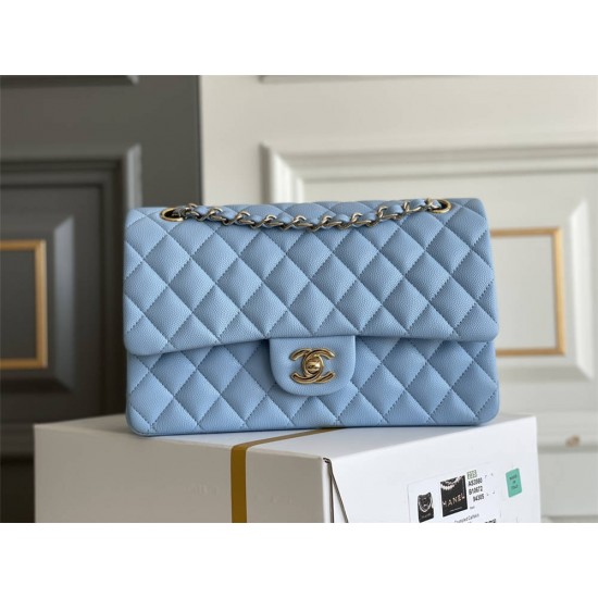 Chanel Classic Flap bag Medium 25 Blue with champagne gold hardware, Caviar leather, Hass Factory leather, seamless.