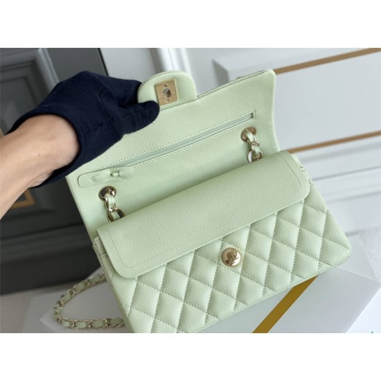 Chanel Classic Flap bag Small 23 Light Green with champagne gold hardware, Caviar leather, Hass Factory leather, seamless.