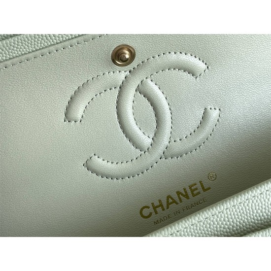 Chanel Classic Flap bag Small 23 Light Green with champagne gold hardware, Caviar leather, Hass Factory leather, seamless.