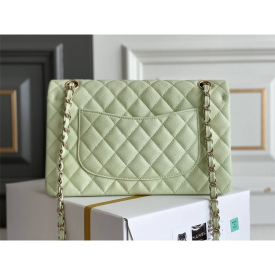 Chanel Classic Flap bag Medium 25 Light Green with champagne gold hardware, Caviar leather, Hass Factory leather, seamless.